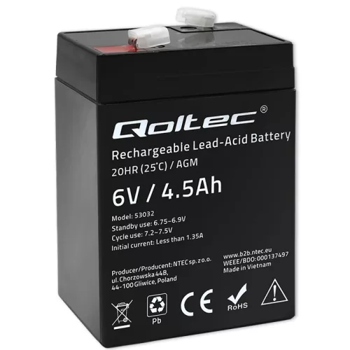 Qoltec karbantartásmentes AGM akkumulátor 6 V / 4,5 Ah UPS-hez, mérleghez és pénztárgéphez