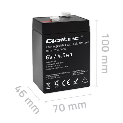 Qoltec karbantartásmentes AGM akkumulátor 6 V / 4,5 Ah UPS-hez, mérleghez és pénztárgéphez
