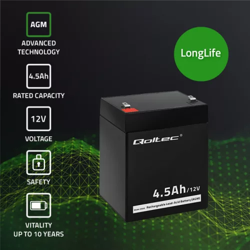 Qoltec karbantartásmentes AGM akkumulátor – 12 V, 4,5 Ah