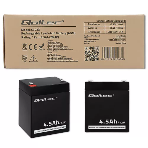 Qoltec karbantartásmentes AGM akkumulátor – 12 V, 4,5 Ah