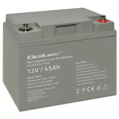 Qoltec LongLife AGM akkumulátor 12 V / 45 Ah – VRLA, T14 (M6)