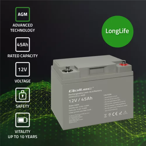 Qoltec LongLife AGM akkumulátor 12 V / 45 Ah – VRLA, T14 (M6)