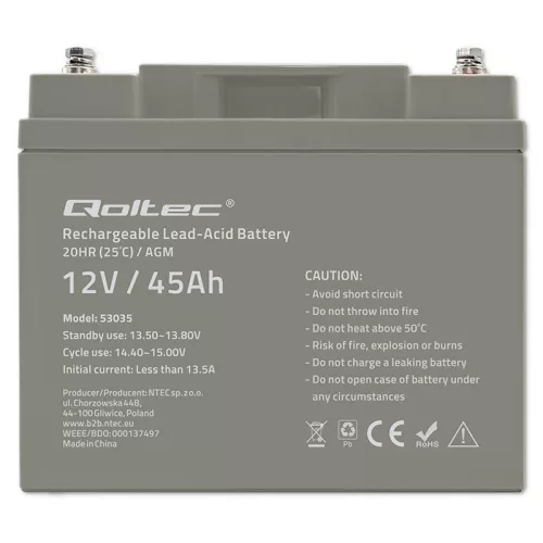 Qoltec LongLife AGM akkumulátor 12 V / 45 Ah – VRLA, T14 (M6)