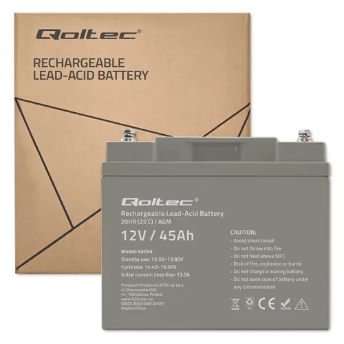 Qoltec LongLife AGM akkumulátor 12 V / 45 Ah – VRLA, T14 (M6)