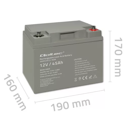 Qoltec LongLife AGM akkumulátor 12 V / 45 Ah – VRLA, T14 (M6)