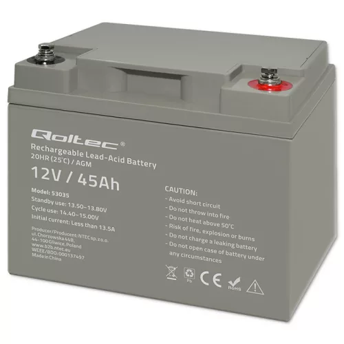 Qoltec LongLife AGM akkumulátor 12 V / 45 Ah – VRLA, T14 (M6)