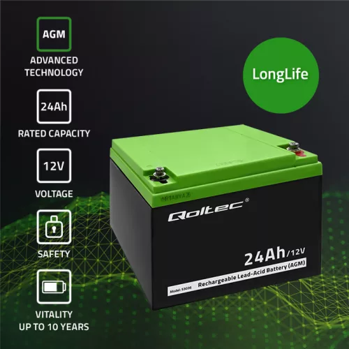 Qoltec 12 V 24 Ah karbantartásmentes AGM akkumulátor UPS-hez