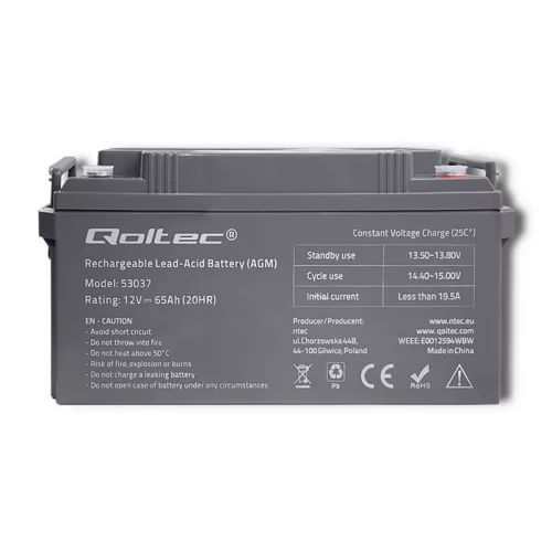 Qoltec AGM akkumulátor 12 V, 65 Ah, max. 780 A