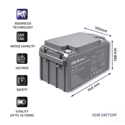 Qoltec AGM akkumulátor 12 V, 65 Ah, max. 780 A