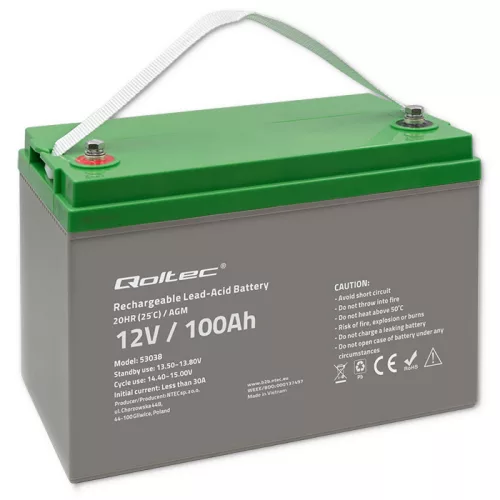Qoltec AGM akkumulátor 12 V, 100 Ah, VRLA, 28,1 kg