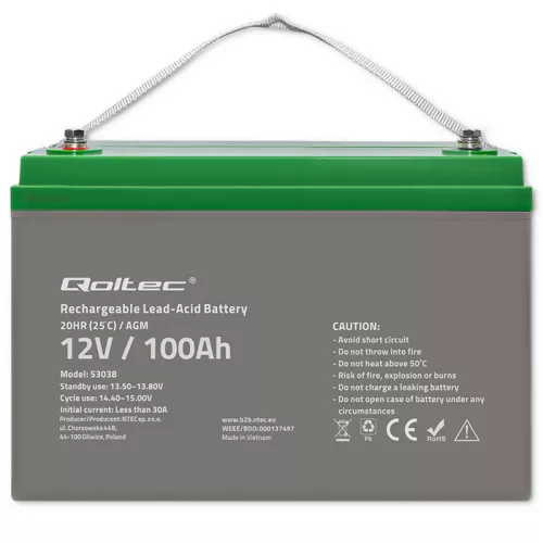 Qoltec AGM akkumulátor 12 V, 100 Ah, VRLA, 28,1 kg