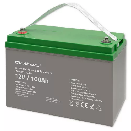 Qoltec AGM akkumulátor 12 V, 100 Ah, VRLA, 28,1 kg