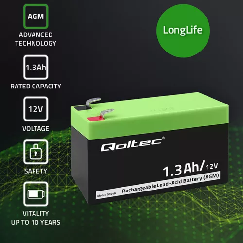 Qoltec karbantartásmentes AGM akkumulátor, 12 V / 1,3 Ah – UPS-hez, mérleghez és pénztárgéphez