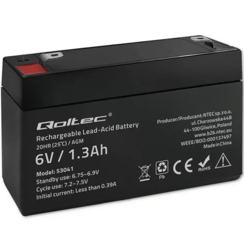 Qoltec karbantartásmentes AGM akkumulátor, 6 V / 1,3 Ah
