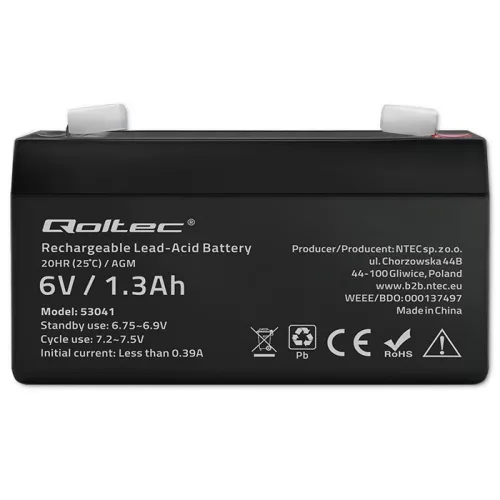 Qoltec karbantartásmentes AGM akkumulátor, 6 V / 1,3 Ah