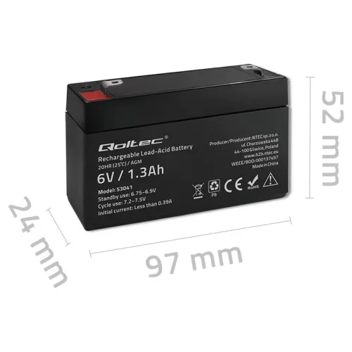 Qoltec karbantartásmentes AGM akkumulátor, 6 V / 1,3 Ah