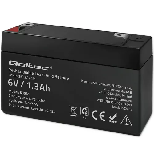 Qoltec karbantartásmentes AGM akkumulátor, 6 V / 1,3 Ah