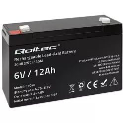   Qoltec AGM akkumulátor 6 V / 12 Ah – karbantartásmentes, UPS-hez, mérleghez és pénztárgéphez