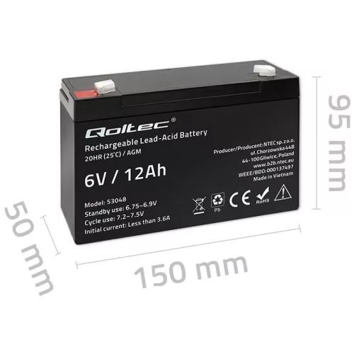 Qoltec AGM akkumulátor 6 V / 12 Ah – karbantartásmentes, UPS-hez, mérleghez és pénztárgéphez