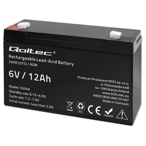 Qoltec AGM akkumulátor 6 V / 12 Ah – karbantartásmentes, UPS-hez, mérleghez és pénztárgéphez