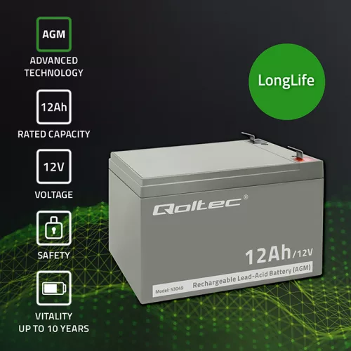 Qoltec AGM akkumulátor 12 V / 12 Ah, VRLA, T2 csatlakozóval