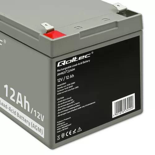 Qoltec AGM akkumulátor 12 V / 12 Ah, VRLA, T2 csatlakozóval