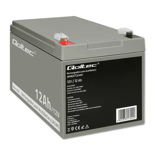 Qoltec AGM akkumulátor 12 V / 12 Ah, VRLA, T2 csatlakozóval