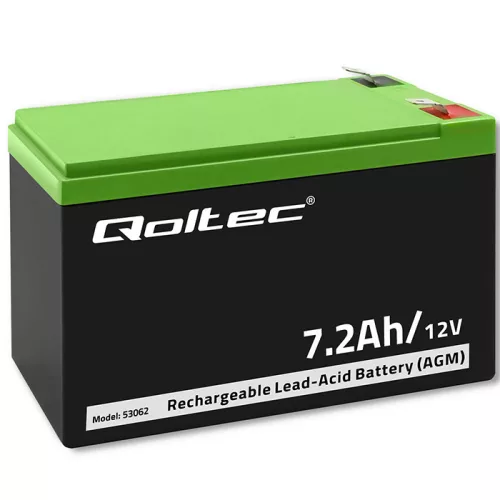 Qoltec karbantartásmentes LongLife AGM akkumulátor UPS-hez és biztonsági rendszerekhez – 12 V, 7,2 Ah