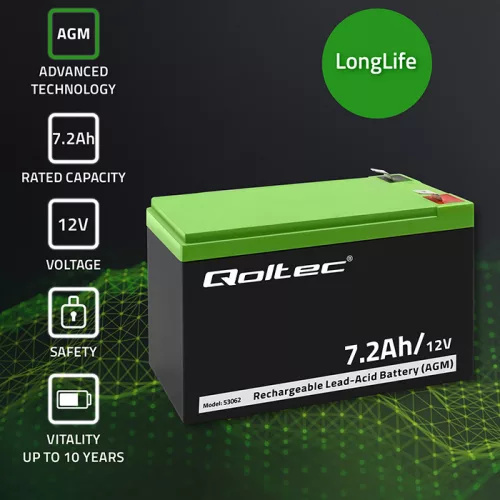 Qoltec karbantartásmentes LongLife AGM akkumulátor UPS-hez és biztonsági rendszerekhez – 12 V, 7,2 Ah