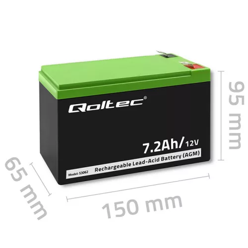 Qoltec karbantartásmentes LongLife AGM akkumulátor UPS-hez és biztonsági rendszerekhez – 12 V, 7,2 Ah