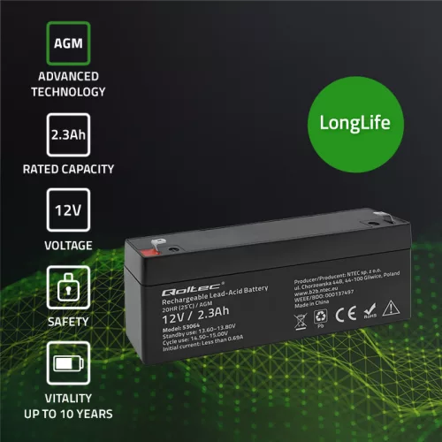 Qoltec karbantartásmentes AGM akkumulátor 12 V / 2,3 Ah – VRLA, T1