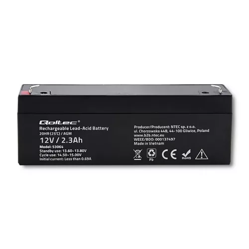 Qoltec karbantartásmentes AGM akkumulátor 12 V / 2,3 Ah – VRLA, T1