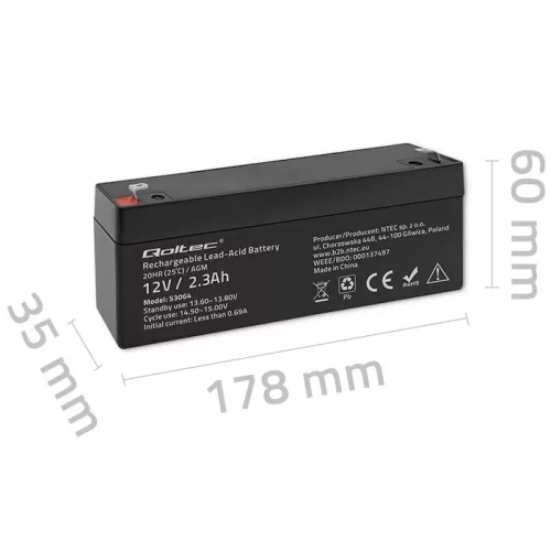 Qoltec karbantartásmentes AGM akkumulátor 12 V / 2,3 Ah – VRLA, T1