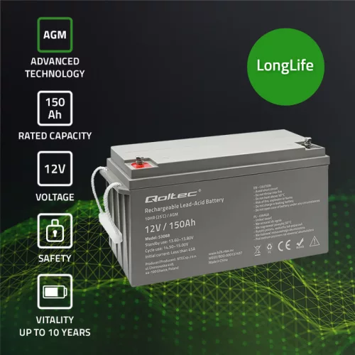 Qoltec AGM akkumulátor 12 V 150 Ah, VRLA, T16 (M8)