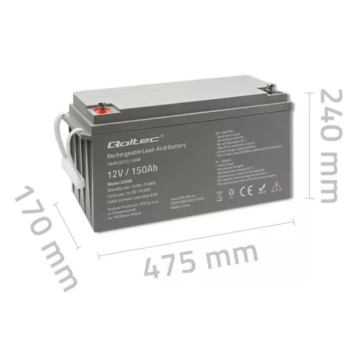 Qoltec AGM akkumulátor 12 V 150 Ah, VRLA, T16 (M8)