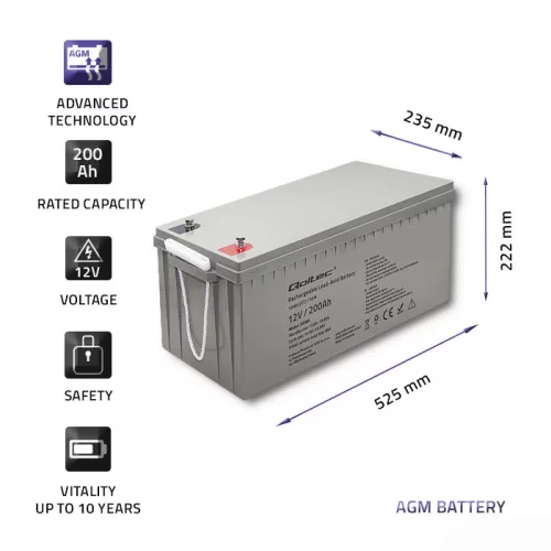 Qoltec AGM akkumulátor 12 V, 200 Ah, 54,1 kg – karbantartásmentes, LongLife