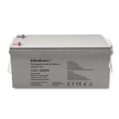 Qoltec AGM akkumulátor 12 V, 200 Ah, 54,1 kg – karbantartásmentes, LongLife