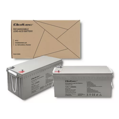 Qoltec AGM akkumulátor 12 V, 200 Ah, 54,1 kg – karbantartásmentes, LongLife