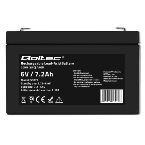 Qoltec AGM akkumulátor 6 V / 7,2 Ah, VRLA