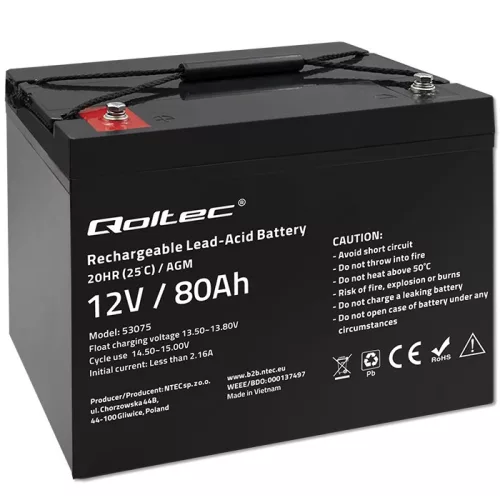 Qoltec karbantartásmentes AGM akkumulátor 12 V / 80 Ah, 23,5 kg