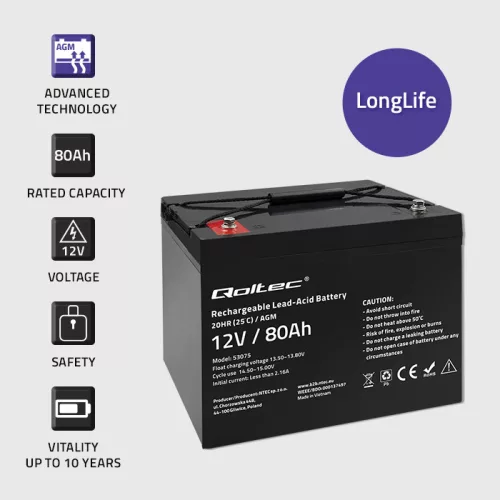 Qoltec karbantartásmentes AGM akkumulátor 12 V / 80 Ah, 23,5 kg