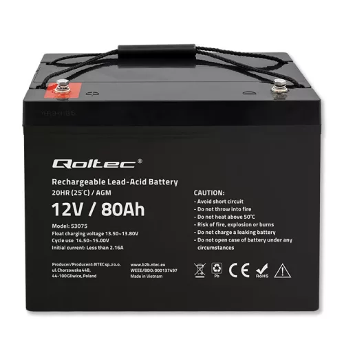 Qoltec karbantartásmentes AGM akkumulátor 12 V / 80 Ah, 23,5 kg
