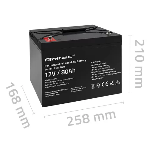 Qoltec karbantartásmentes AGM akkumulátor 12 V / 80 Ah, 23,5 kg