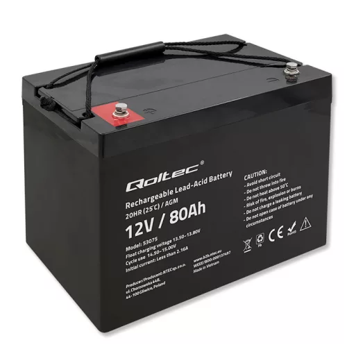 Qoltec karbantartásmentes AGM akkumulátor 12 V / 80 Ah, 23,5 kg
