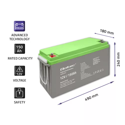 Qoltec Deep Cycle Gel VRLA akkumulátor 12 V, 150 Ah, 44,5 kg