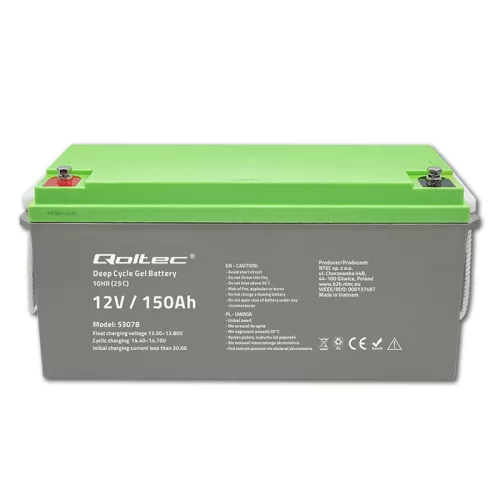 Qoltec Deep Cycle Gel VRLA akkumulátor 12 V, 150 Ah, 44,5 kg