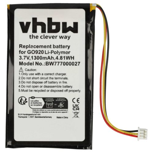 VHBW GPS Battery for TomTom - 1300 mAh 3.7 V Li-polymer