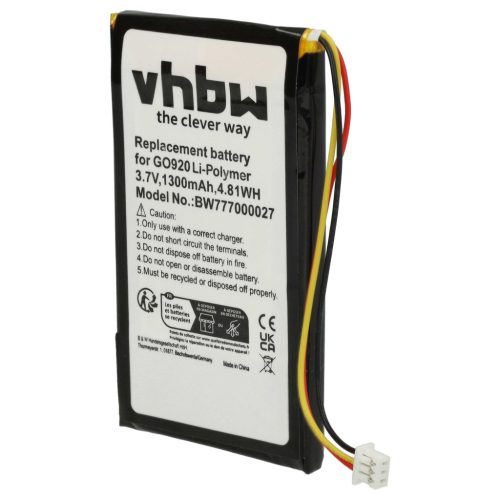 VHBW GPS Battery for TomTom - 1300 mAh 3.7 V Li-polymer