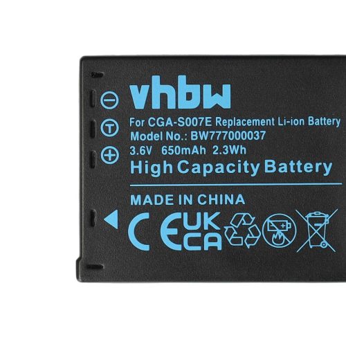 VHBW Panasonic CGA-S007A/B, CGA-S007E, CGA-S007, CGA-S007A/1B Akku - 650 mAh, 3,6 V, Li-Ion