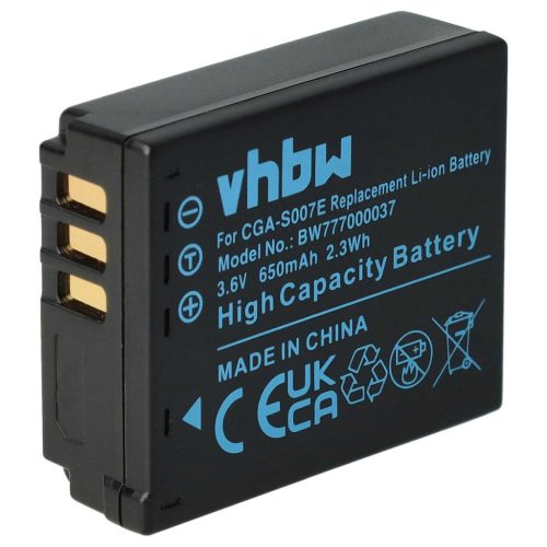 VHBW Panasonic CGA-S007A/B, CGA-S007E, CGA-S007, CGA-S007A/1B Akku - 650 mAh, 3,6 V, Li-Ion